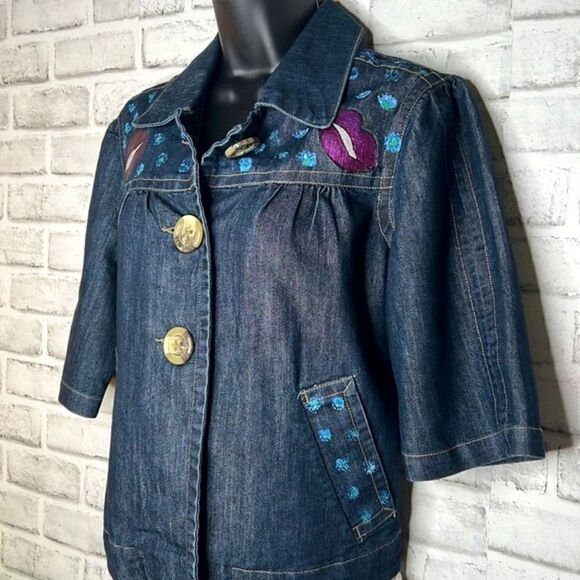 Baccini UpCycled Hand Painted Button Down 3/4 Sleeve Jean Jacket Size Medium - Picture 6 of 9